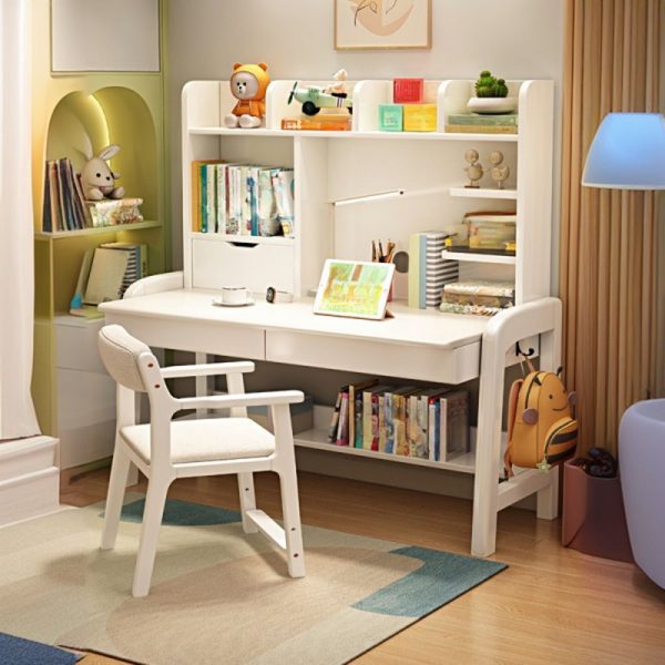 "1 Cabinet White/Magenta/Sepia Flexible Height Ergonomic Children Computer Desk with Shelf, Drawer, Cable Management"