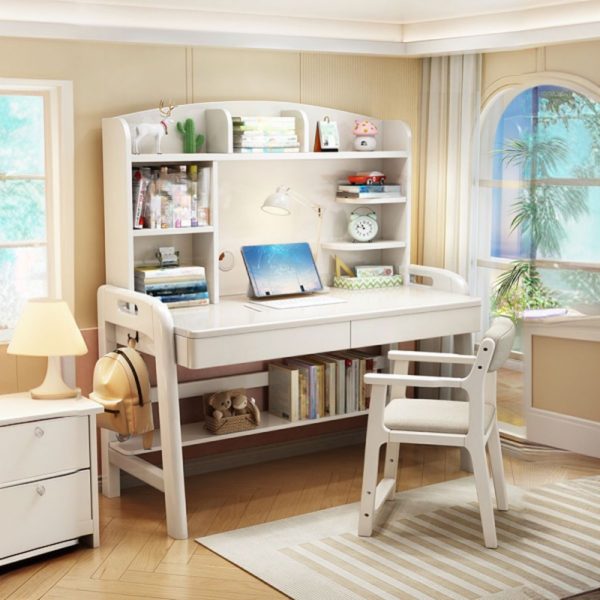 "Adjustable Height White/Carnation/Blue Kids Computer Desk with Shelf, Drawer, Hutch, Cable Management, and Ergonomic Features"