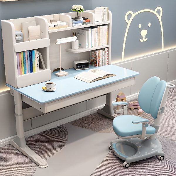 "Height-adjustable Children Computer Desk in Magenta/Cerulean Rubberwood with Repository, Shelf, Compartment & Hutch"