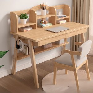 "Natural Wood Finish Kids Computer Desk with Locker, Shelf, and Drawer"