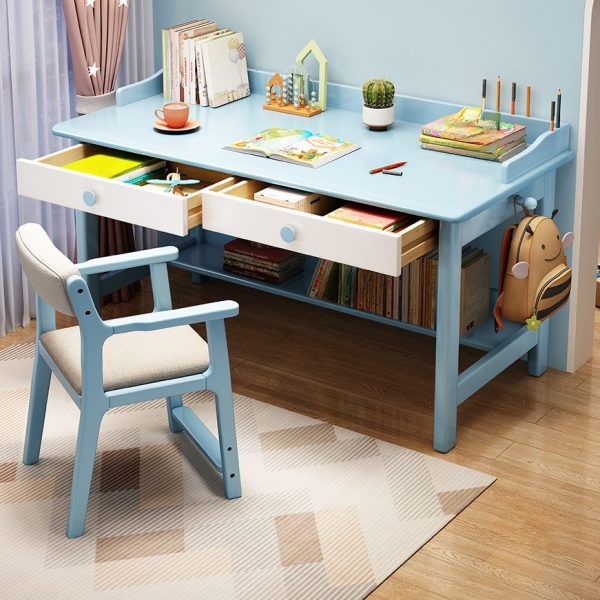 "Chalk/Magenta/Light Blue Natural Wood Kids Computer Desk with Moves Up and Down Feature, 2 Drawers Storage"